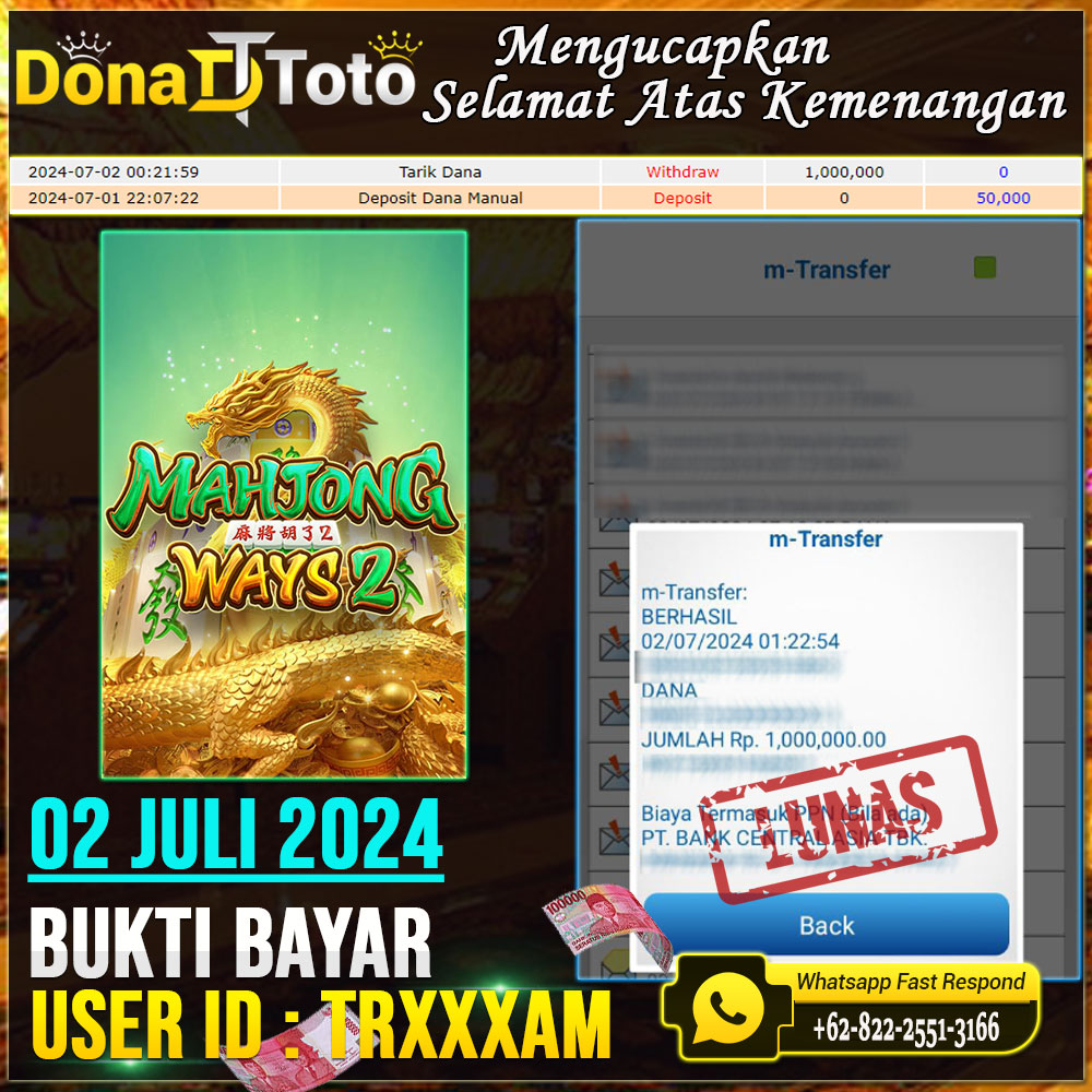Bukti JACKPOT Tanggal 02 JULI 2024 , Menang Slot Games Mahjong Ways 2