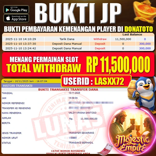 BUKTI MENANG SLOT GAMES MAJESTIC EMPIRE  - 10 NOVEMBER 2025