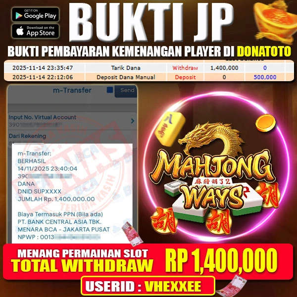 BUKTI MENANG SLOT GAMES MAHJONG WAY  - 14 NOVEMBER 2025