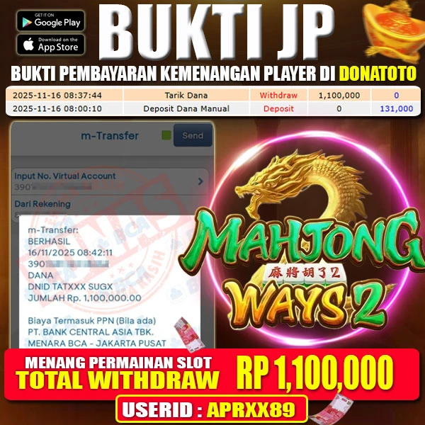 BUKTI MENANG SLOT GAMES MAHJONG WAY2  - 16 NOVEMBER 2025